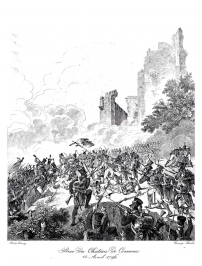 Incisione d'epoca Prise Du Chateau De Cossaria. 14 Avril 1796, che rappresenta la presa del Castello dei Del Carretto di Cosseria.
